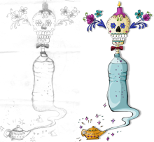 Bleistiftzeichnung und digitalisierte Version eines Flaschengeists