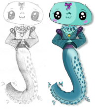 Bleistiftzeichnung und digitalisierte Version einer Oktolady